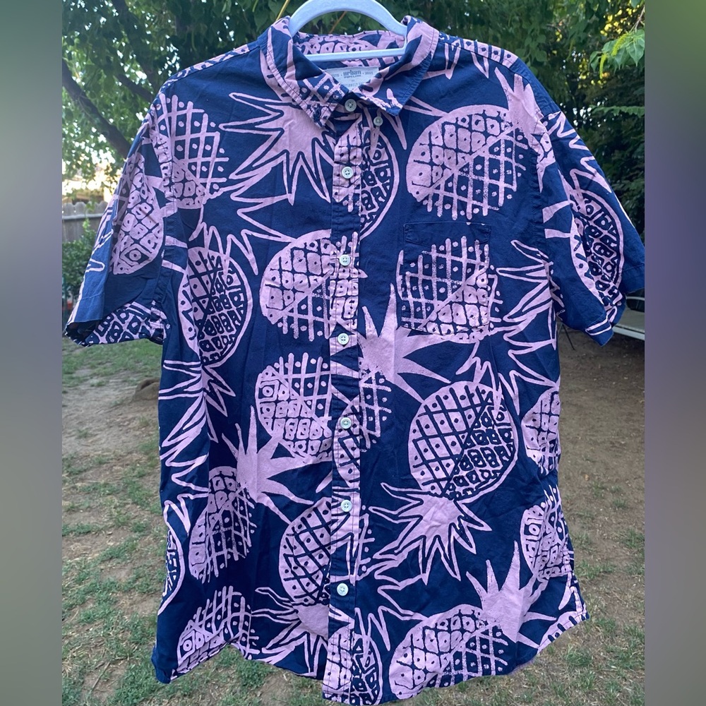 Old Navy Men's Casual Button Down Shirt - Navy and Pink Pineapple Print